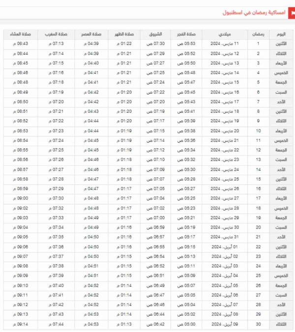 امساكية رمضان 2024 اسطنبول
